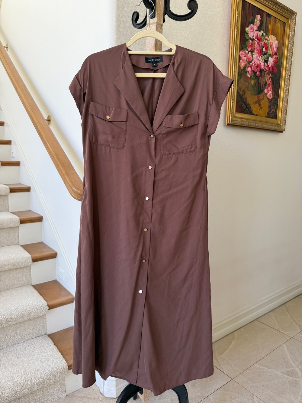 Jill Stuart Brown Button-Front Midi Shirt Dress